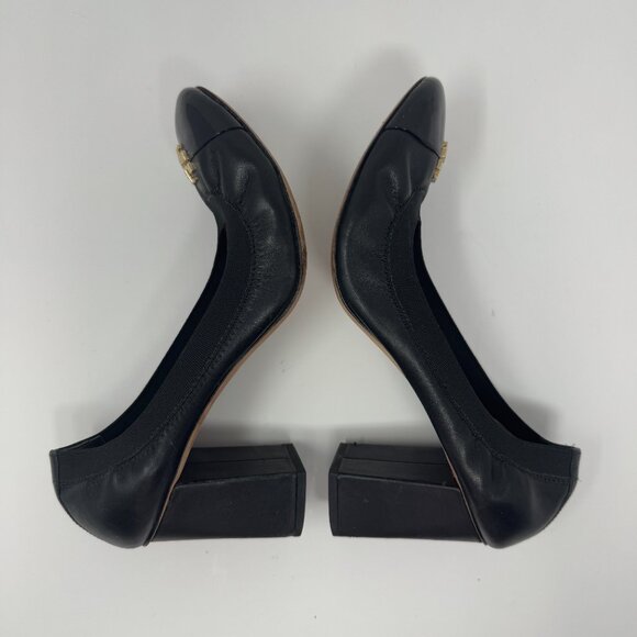 Tory Burch Elsa Black Leather Cap Toe Heels US 9 - Picture 4 of 14